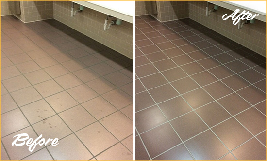 Before and After Picture of a Lighthouse Point Restrooms Tile and Grout Cleaned to Remove Embedded Dirt