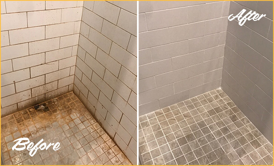 Before and After Picture of a Lighthouse Point Shower Tile and Grout Cleaned to Eliminate Mold and Stains