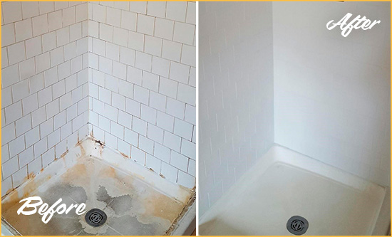 Before and After Picture of a Lighthouse Point Shower Tile and Grout Cleaned to Remove Soap Scum