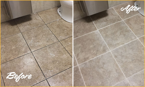 Before and After Picture of a Lighthouse Point Restroom Tile and Grout Cleaned to Remove Soil