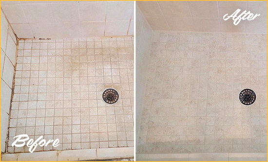 Before and After Picture of a Cloud Lake Shower Caulked to Fix Cracks