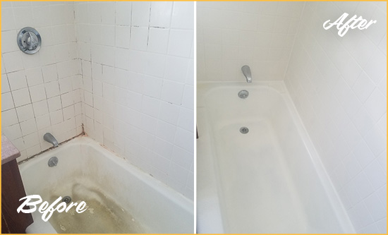 Before and After Picture of a Cloud Lake Bathtub Caulked to Repair Cracks