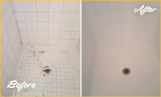 Before and After Picture of a Cloud Lake Bathroom Re-Caulked To Repair Damaged Caulking