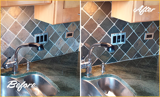 Before and After Picture of a Cloud Lake Backsplash Caulked to Fix and Prevent Water Leaks