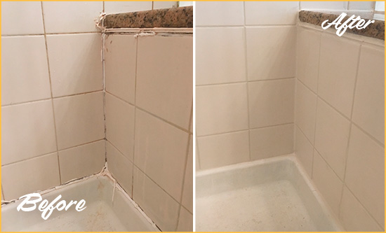 Before and After Picture of a Cloud Lake Shower Caulked to Repair Damaged Caulking