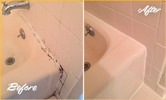 Before and After Picture of a Cloud Lake Bathroom Sink Caulked to Fix a DIY Proyect Gone Wrong