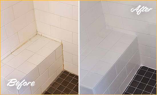 Before and After Picture of a Cloud Lake Shower Seat Caulked to Protect Against Mold and Mildew Growth