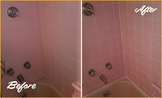 Before and After Picture of a Cloud Lake Bathtub Caulked to Eliminate Mold
