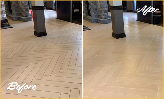Before and After Picture of a Dirty Lighthouse Point Ceramic Office Lobby Sealed For Extra Protection Against Heavy Foot Traffic