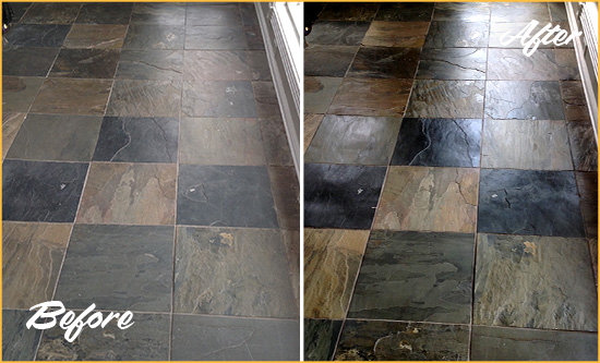 Before and After Picture of a Dull Lighthouse Point Slate Floor Sealed to Bring Back Its Colors