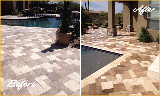 Before and After Picture of a Faded Lighthouse Point Travertine Pool Deck Sealed For Extra Protection