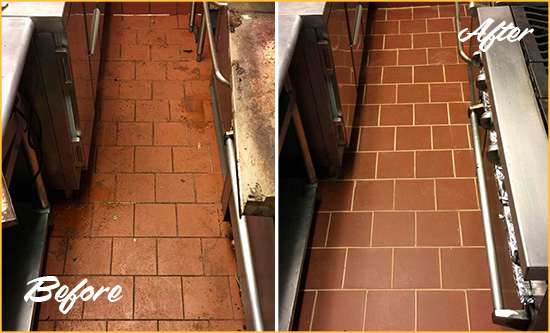 Before and After Picture of a Lighthouse Point Restaurant Kitchen Floor Sealed to Remove Soil