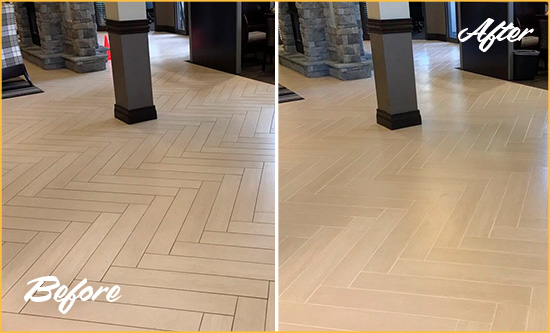 Before and After Picture of a Haverhill Hard Surface Restoration Service on an Office Lobby Tile Floor to Remove Embedded Dirt
