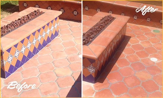 Before and After Picture of a Haverhill Hard Surface Restoration Service on a Dull Terracotta Patio Floor to Recover Its Color