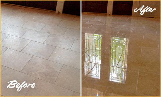 Before and After Picture of a Haverhill Hard Surface Restoration Service on a Dull Travertine Floor Polished to Recover Its Splendor