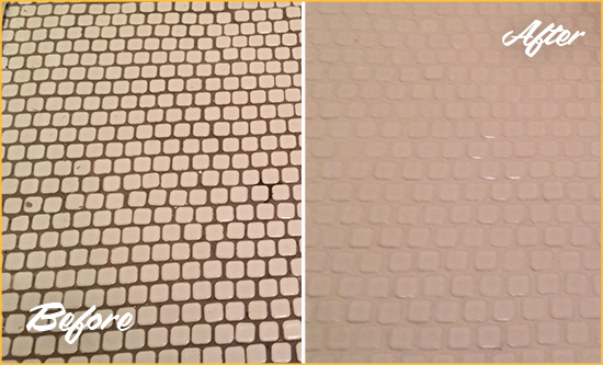 Before and After Picture of a Haverhill Hard Surface Restoration Service on a Bathroom Tile Floor Recolored to Fix Grout Color