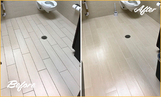 Before and After Picture of a West Palm Beach Office Restroom's Grout Cleaned to Remove Dirt