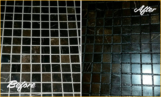 Before and After Picture of a Sunrise Black Floor with Recolored Grout