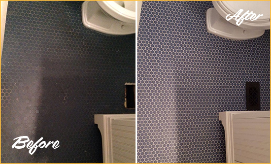 Before and After Picture of a Sunrise Blue Tile Floor Recolored Grout