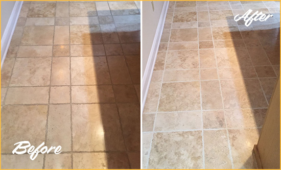 Before and After Picture of a Sunrise Travertine Kitchen Floor Recolored Grout