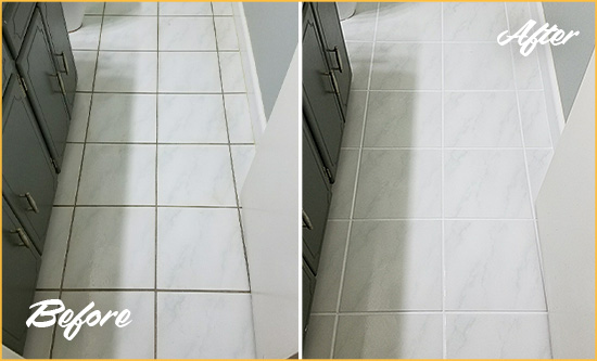 Before and After Picture of a Parkland Bathroom Floor Grout Sealed to Remove Grime