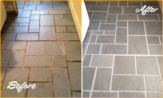 Before and After Picture of Damaged Parkland Slate Floor with Sealed Grout