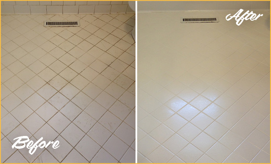 Before and After Picture of a Parkland White Bathroom Floor Grout Sealed for Extra Protection