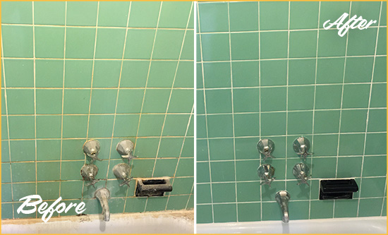 Before and After Picture of a Parkland Bath Tub Grout Sealed to Avoid Water Damage