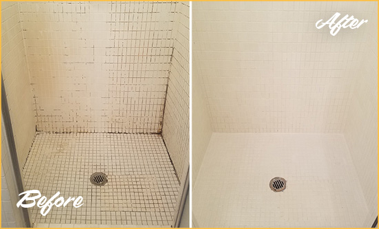 Before and After Picture of a Parkland Bathroom Grout Sealed to Remove Mold