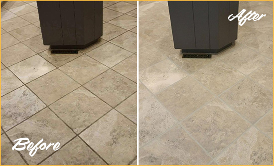 Before and After Picture of a Parkland Kitchen Floor Grout Sealed to Remove Stains
