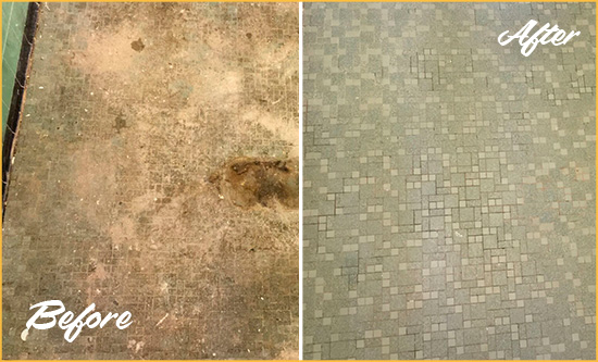Before and After Picture of a Ocean Ridge Mosaic Shower Cleaned to Eliminate Embedded Dirt