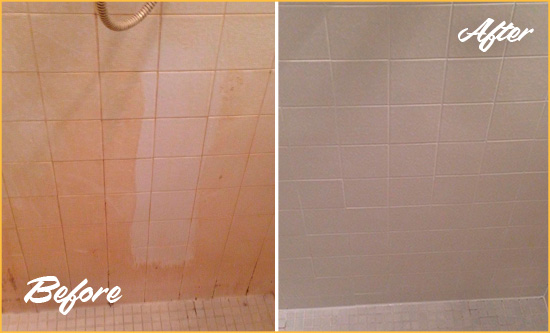 Before and After Picture of a Ocean Ridge Porcelaine Shower Cleaned to Remove Soap Scum