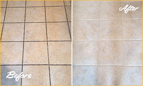 Before and After Picture of a Ocean Ridge Ceramic Floor Cleaned to Remove Soil