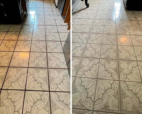 Kitchen Floor Before and After Our Wellington Grout Recoloring Service