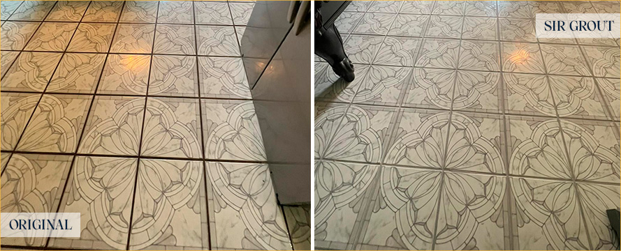 Kitchen Floor Before and After Our Wellington Grout Recoloring Service