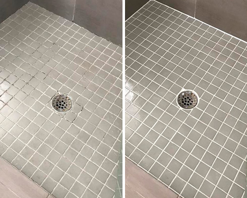 Shower Floor Before and After Our Ocean Ridge Grout Sealing Service
