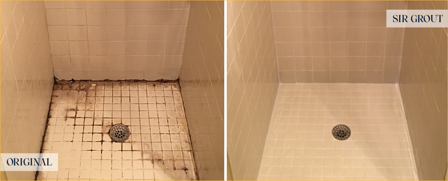 Shower Floor Before and After Our West Palm Beach Tile and Grout Cleaners Work