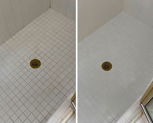 Shower Floor Before and After Our West Palm Beach Grout Cleaning Service