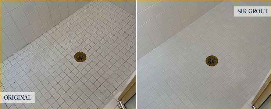 Shower Floor Before and After Our West Palm Beach Grout Cleaning Service