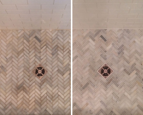 Shower Floor Before and After Our West Palm Beach Tile and Grout Cleaners Work