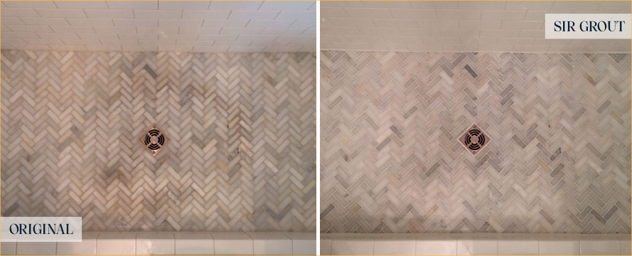 Shower Floor Before and After Our West Palm Beach Tile and Grout Cleaners Work