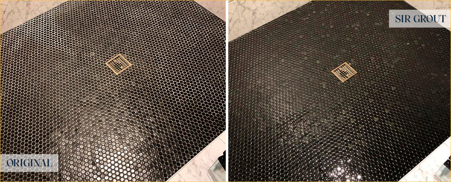 Shower Floor Before and After Our Tile Sealing Service