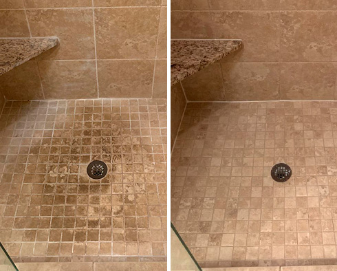 Shower Before and After Our Gulf Stream Tile Cleaning Service