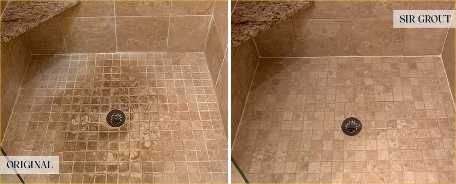 Shower Before and After Our Gulf Stream Tile Cleaning Service
